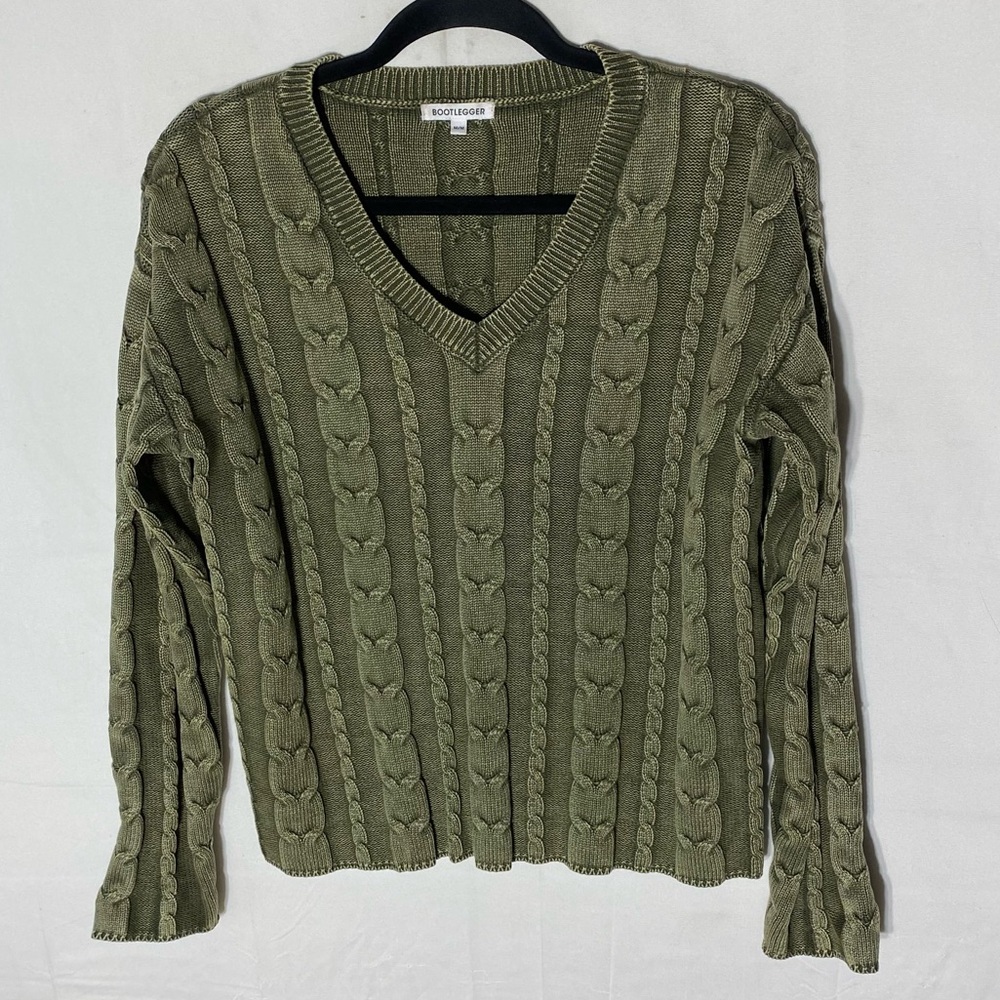 Vintage Bootlegger Green Cotton Cable Knit V Neck Sweater M
